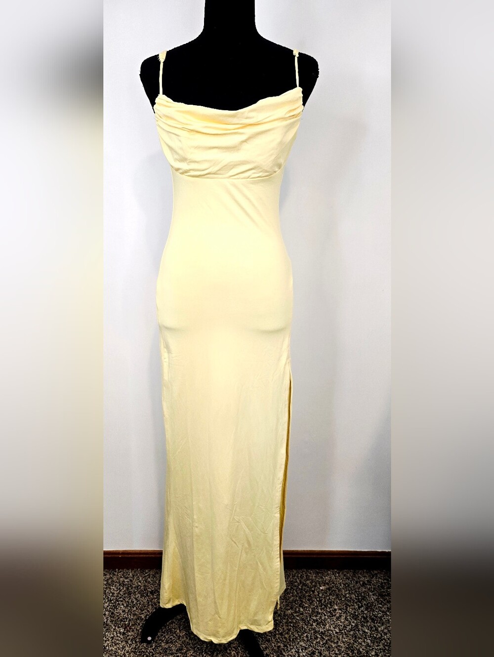 Hello Molly Butter Yellow Cowl Neck Maxi Dress Open Back Side Slit Formal Beachy - Picture 4 of 9